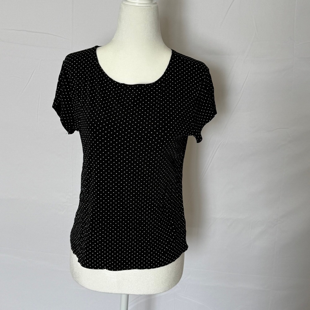 Briggs Petite Womens Medium Black Polka Dot Short Sleeve Scoop Neck Stretch Top